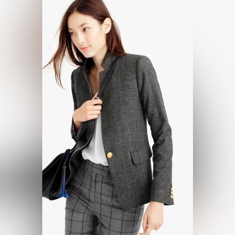 J Crew Regent Gray Plaid Satin Lapel One Button Single Breasted Wool Blazer Sz 0